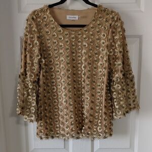 Calvin Klein Textured Gold Embellished 3/4" Flowy Sleeve Blouse Sz XS Luxurious